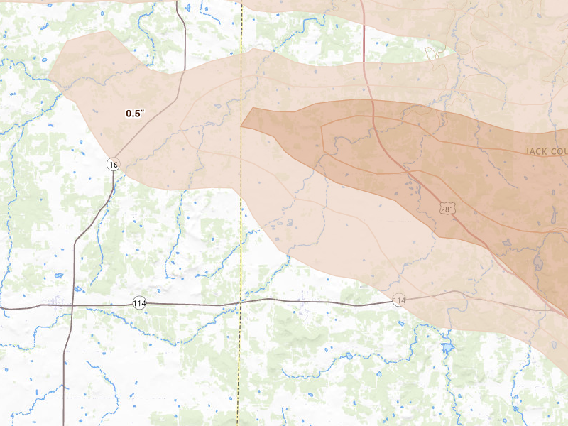 Radar-estimated hail-size map of the storm over Jermyn, TX on Apr 28, 2026