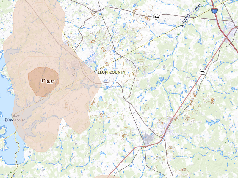 Radar-estimated hail-size map of the storm over Jewett, TX on May 25, 2026