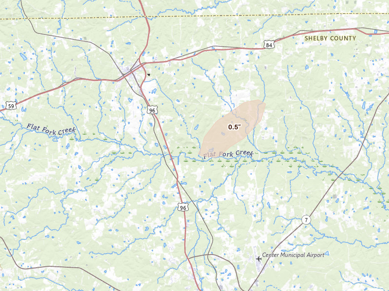 Radar-estimated hail-size map of the storm over Joaquin, TX on Mar 7, 2026