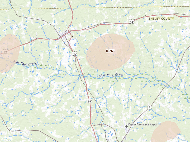 Radar-estimated hail-size map of the storm over Joaquin, TX on Jun 2, 2026