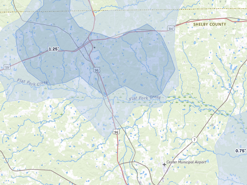 NEXRAD radar-signature map of the hail over Joaquin, TX