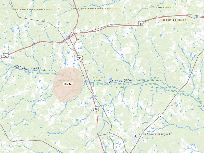 Radar-estimated hail-size map of the storm over Joaquin, TX on Jul 2, 2026