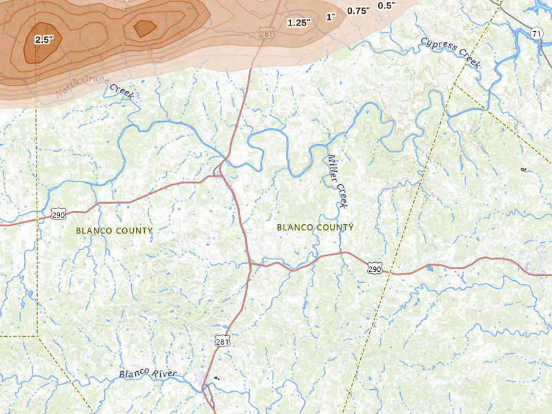 Radar-estimated hail-size map of the storm over Johnson City, TX on May 6, 2026