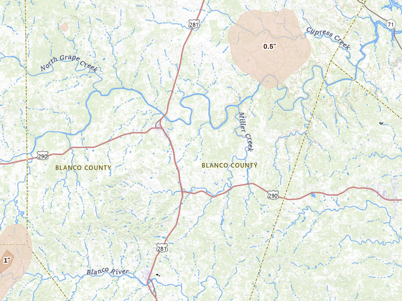 Radar-estimated hail-size map of the storm over Johnson City, TX on May 19, 2026