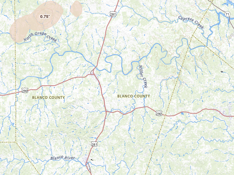 Radar-estimated hail-size map of the storm over Johnson City, TX on May 21, 2026