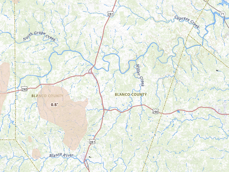 Radar-estimated hail-size map of the storm over Johnson City, TX on May 26, 2026