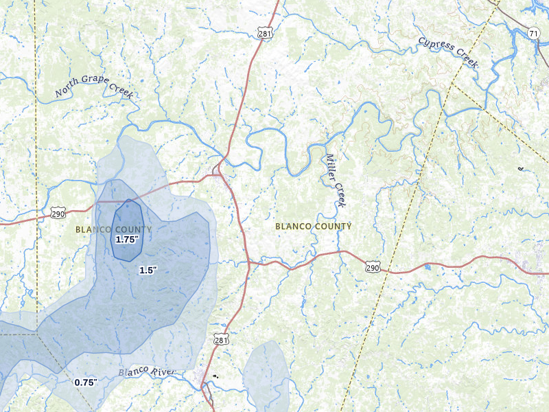 NEXRAD radar-signature map of the hail over Johnson City, TX