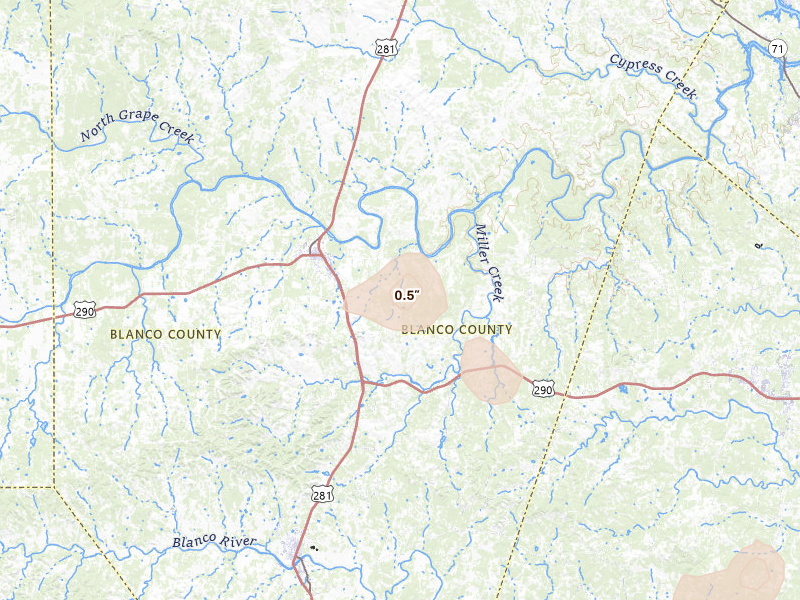 Radar-estimated hail-size map of the storm over Johnson City, TX on Jun 2, 2026