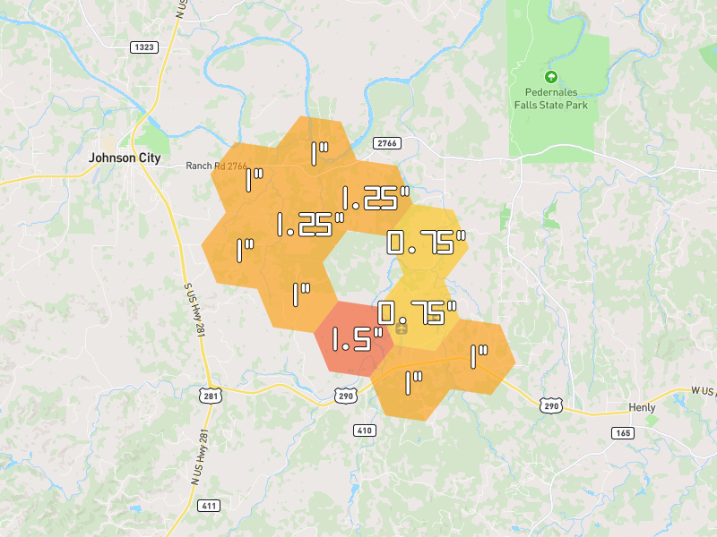 Hail map of Johnson City, TX on Jun 3, 2026, hail up to 1.5"