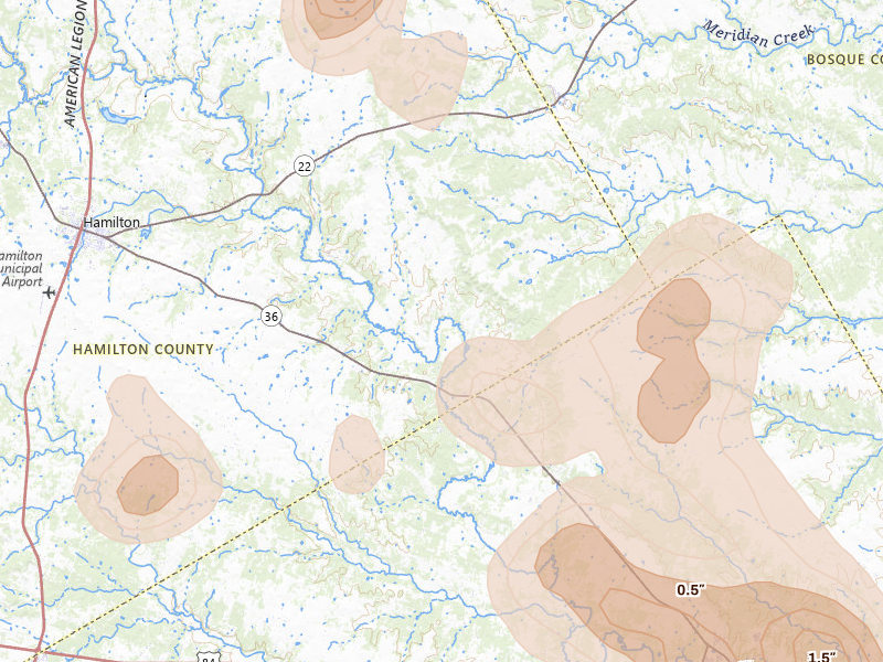 Radar-estimated hail-size map of the storm over Jonesboro, TX on May 19, 2026