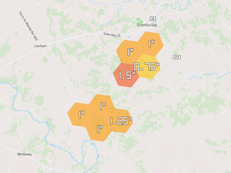Hail map of Jonesboro, TX on Jun 2, 2026, hail up to 1.5"