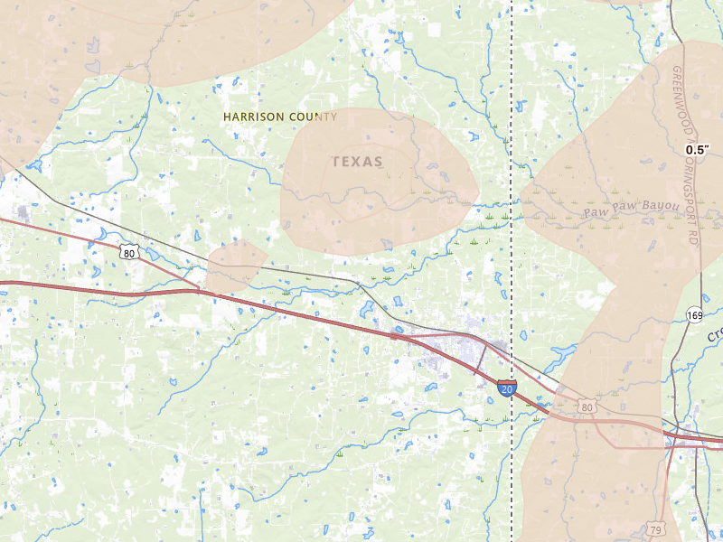 Radar-estimated hail-size map of the storm over Jonesville, TX on Jul 6, 2026