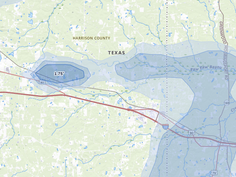 NEXRAD radar-signature map of the hail over Jonesville, TX