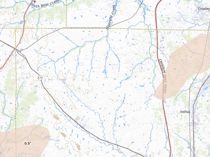 Radar-estimated hail-size map of the storm over Joshua, TX on Mar 4, 2026