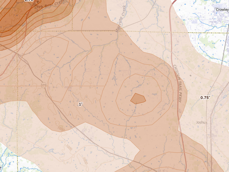 Radar-estimated hail-size map of the storm over Joshua, TX on Apr 28, 2026