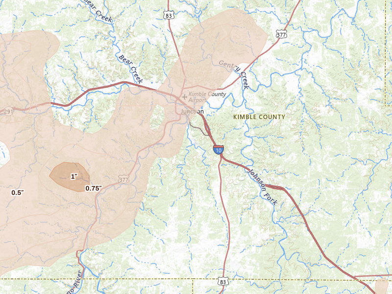 Radar-estimated hail-size map of the storm over Junction, TX on May 22, 2026