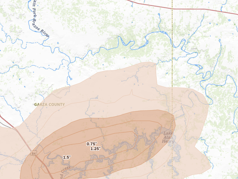 Radar-estimated hail-size map of the storm over Justiceburg, TX on May 15, 2026