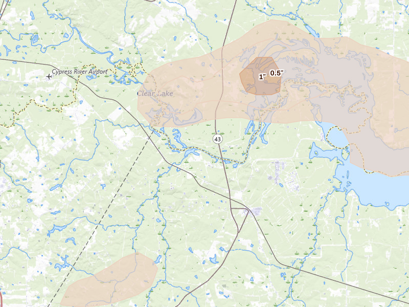 Radar-estimated hail-size map of the storm over Karnack, TX on May 8, 2026