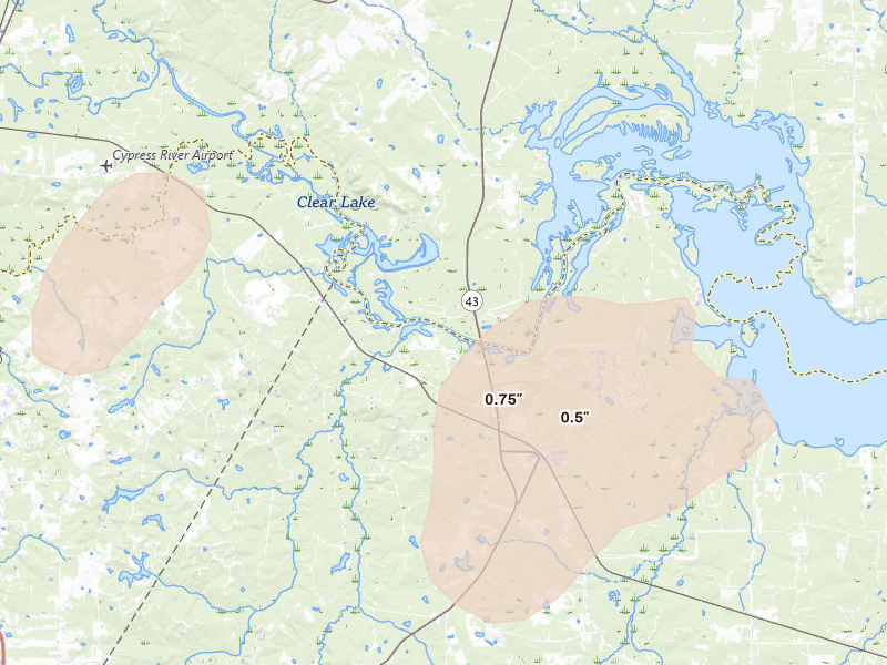 Radar-estimated hail-size map of the storm over Karnack, TX on May 23, 2026