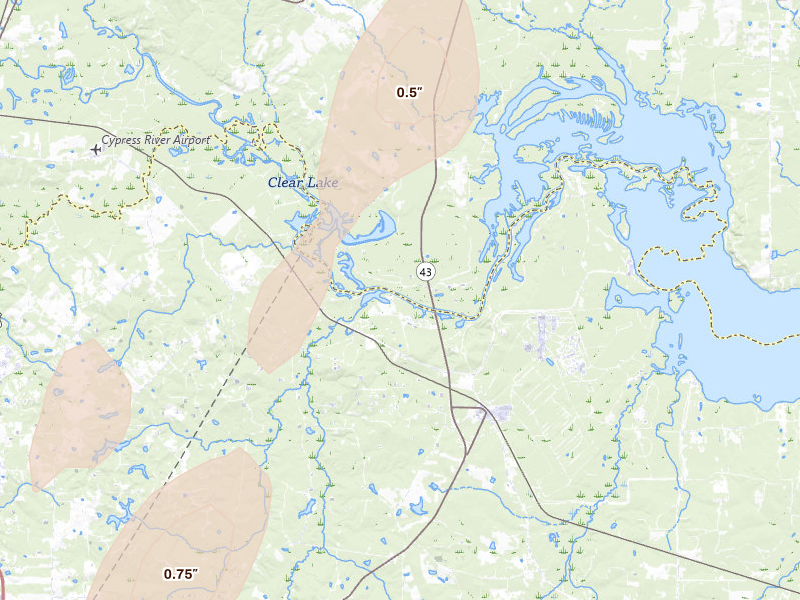 Radar-estimated hail-size map of the storm over Karnack, TX on Jun 2, 2026