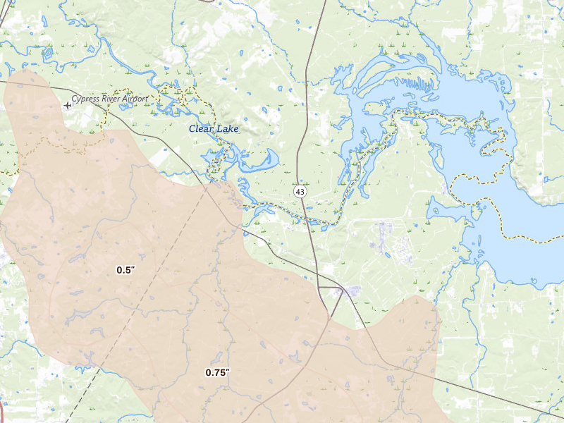 Radar-estimated hail-size map of the storm over Karnack, TX on Jun 23, 2026