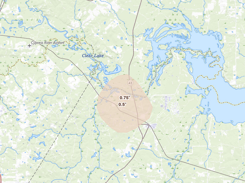 Radar-estimated hail-size map of the storm over Karnack, TX on Jul 4, 2026