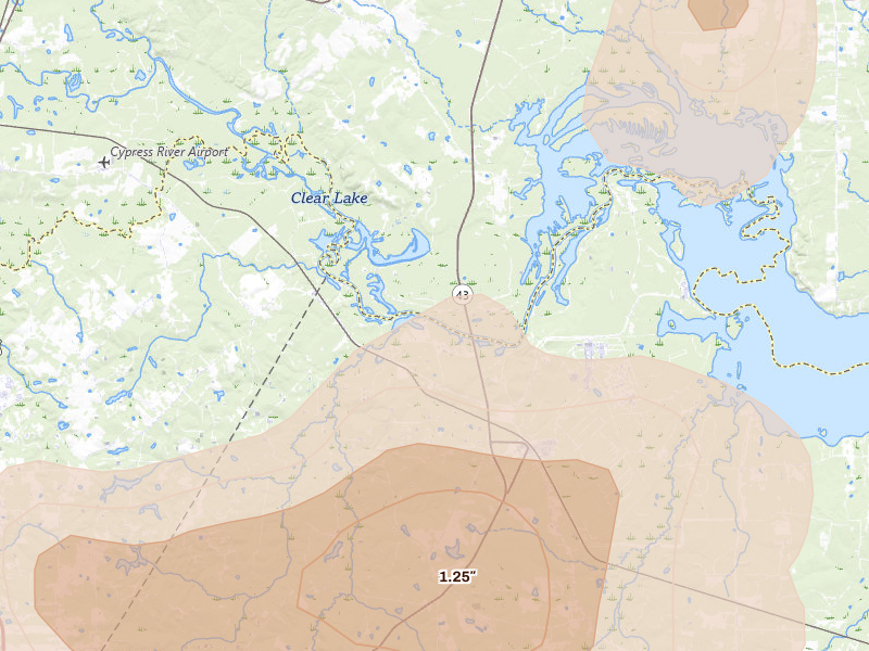 Radar-estimated hail-size map of the storm over Karnack, TX on Jul 6, 2026