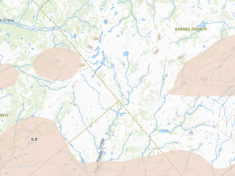 Radar-estimated hail-size map of the storm over Karnes City, TX on Apr 30, 2026