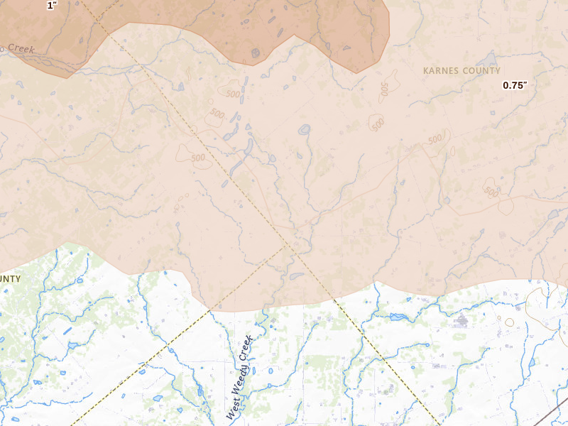 Radar-estimated hail-size map of the storm over Karnes City, TX on May 1, 2026