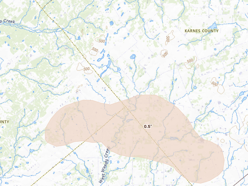 Radar-estimated hail-size map of the storm over Karnes City, TX on May 23, 2026