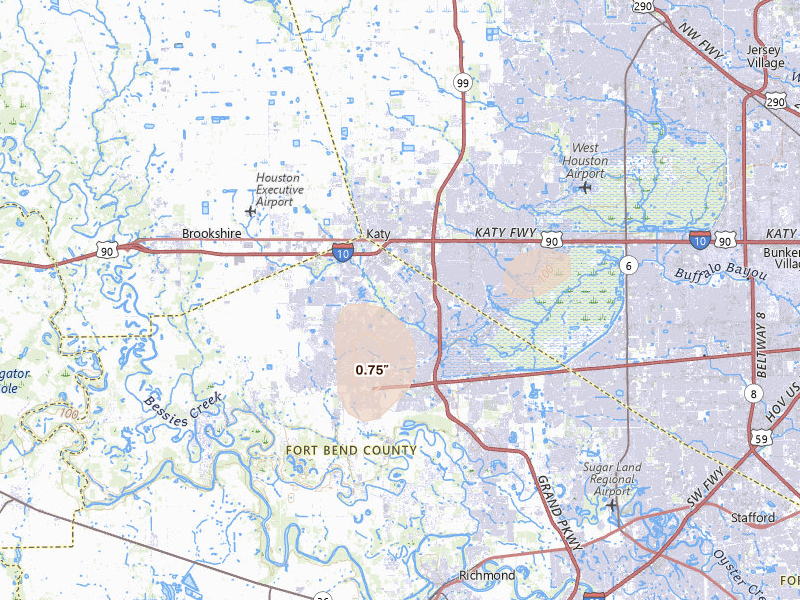 Radar-estimated hail-size map of the storm over Katy, TX on May 9, 2026