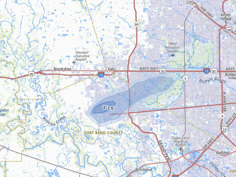 NEXRAD radar-signature map of the hail over Katy, TX