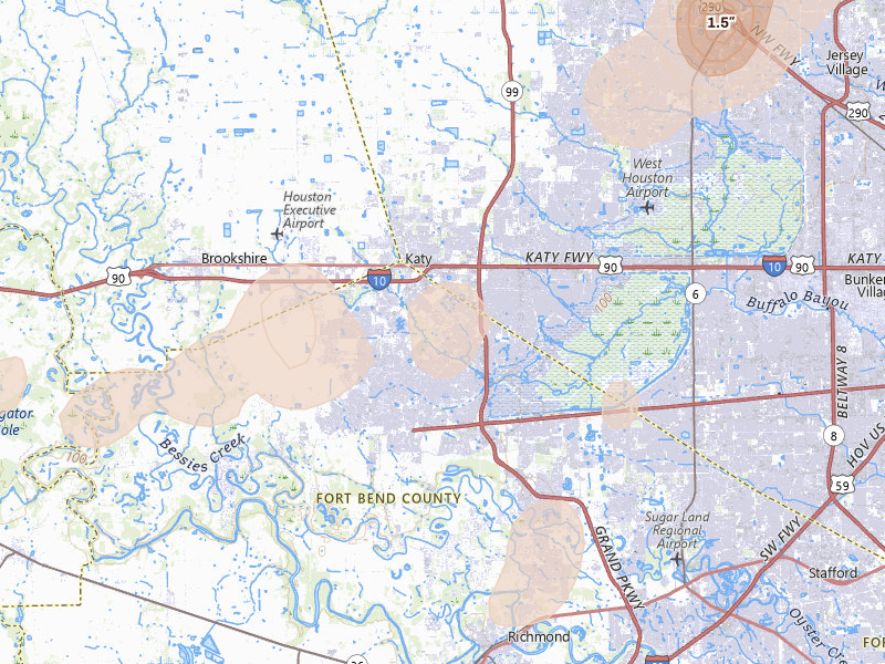 Radar-estimated hail-size map of the storm over Katy, TX on Jun 2, 2026