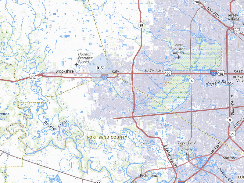 NEXRAD radar-signature map of the hail storm over Katy, TX on Jul 3, 2026