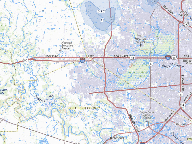 NEXRAD radar-signature map of the hail storm over Katy, TX on Jul 7, 2026