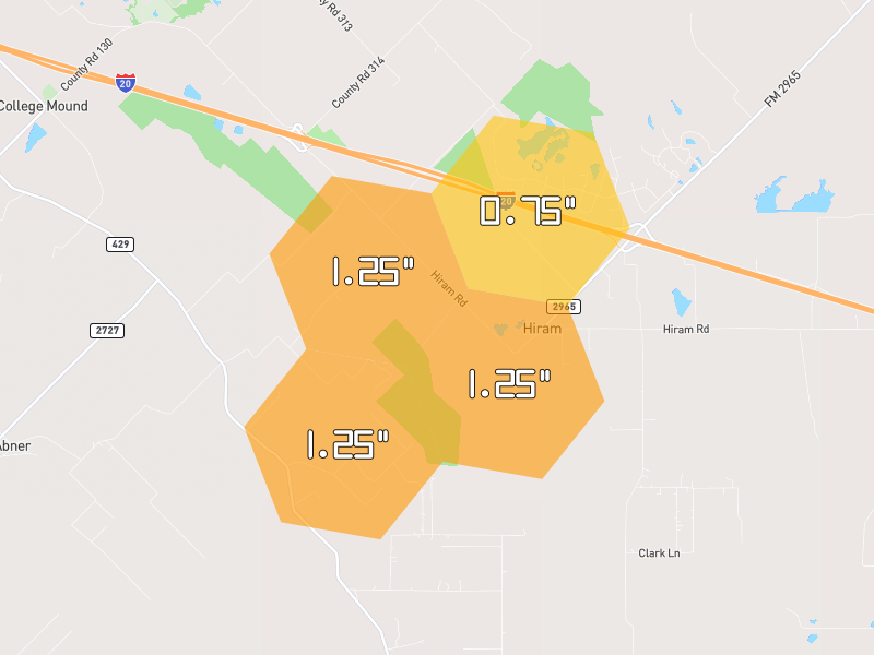 Hail map of Kaufman, TX on Jun 2, 2026, hail up to 1.25"