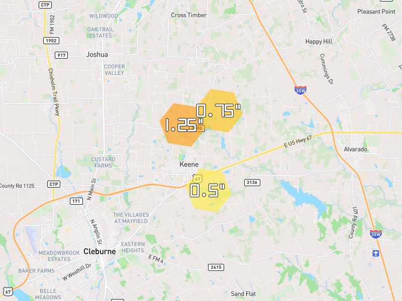Hail map of Keene, TX on Jun 7, 2026, hail up to 1.25"