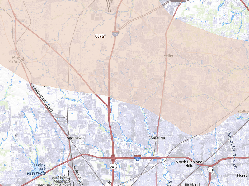 Radar-estimated hail-size map of the storm over Keller, TX on Apr 28, 2026