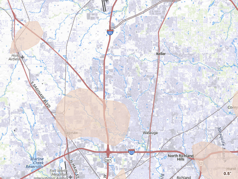 Radar-estimated hail-size map of the storm over Keller, TX on May 24, 2026
