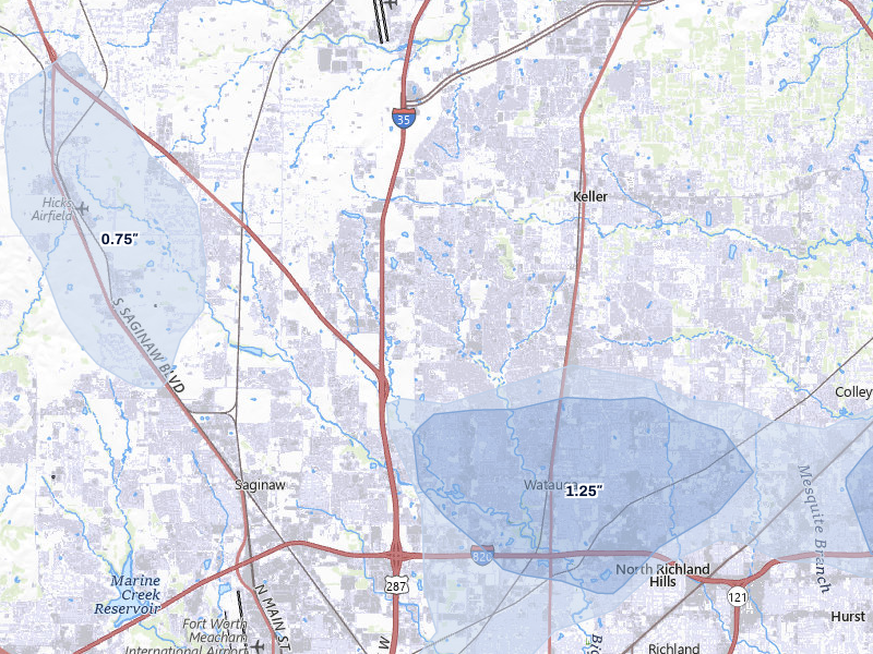 NEXRAD radar-signature map of the hail over Keller, TX
