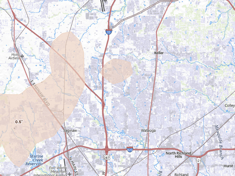 Radar-estimated hail-size map of the storm over Keller, TX on Jun 6, 2026