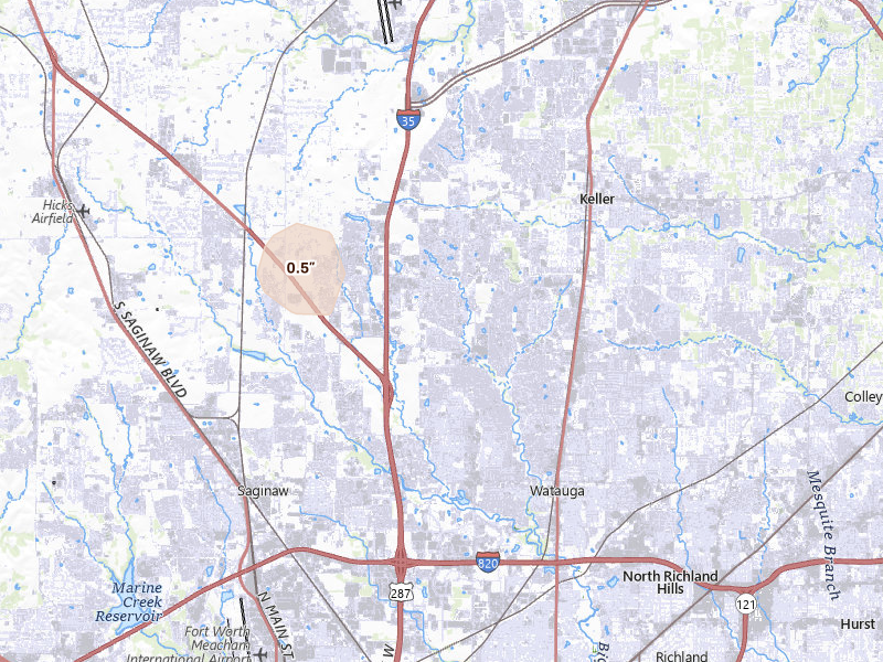 Radar-estimated hail-size map of the storm over Keller, TX on Jul 6, 2026