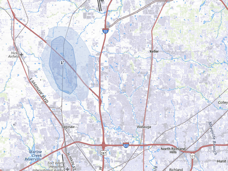 NEXRAD radar-signature map of the hail storm over Keller, TX on Jul 6, 2026