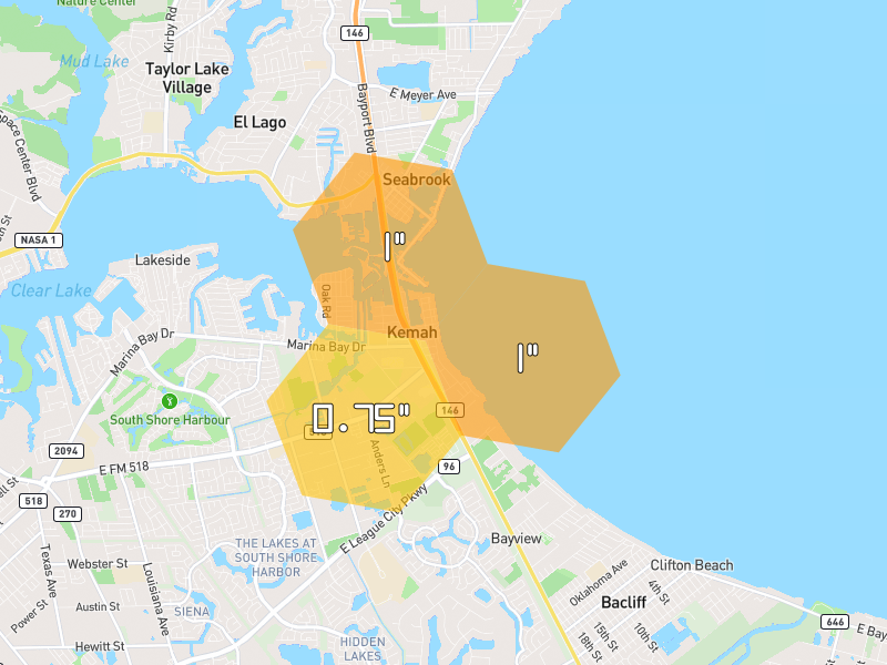 Hail map of Kemah, TX on Jul 23, 2026, hail up to 1"