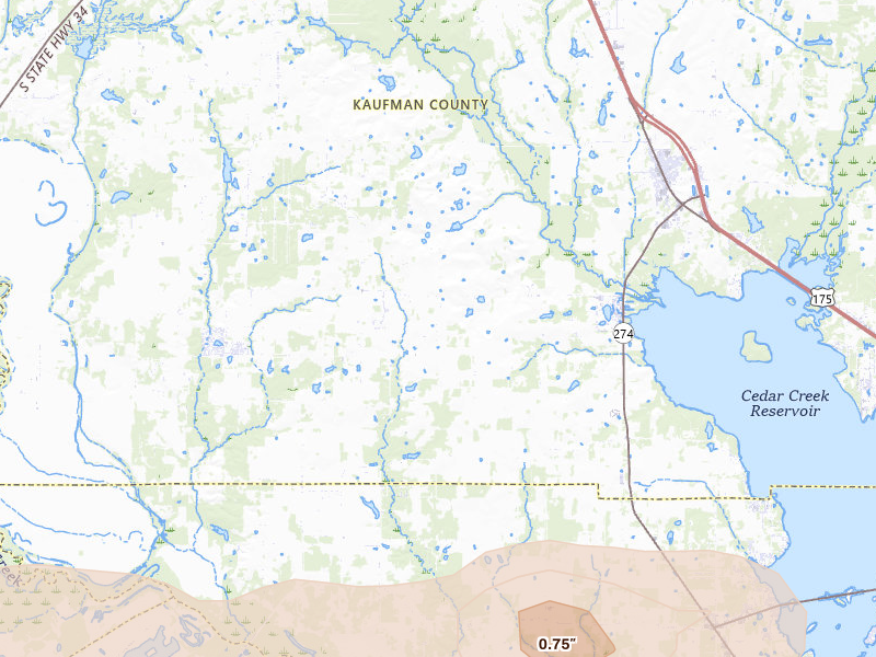 Radar-estimated hail-size map of the storm over Kemp, TX on Apr 29, 2026