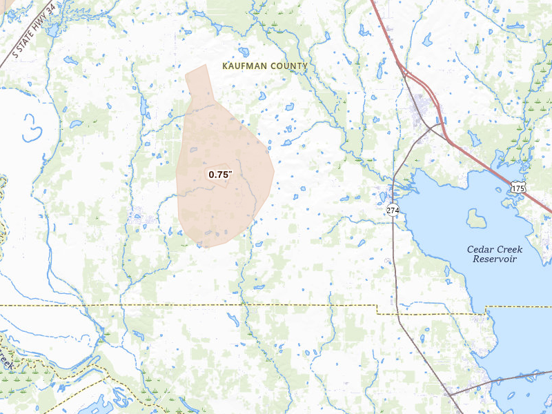 Radar-estimated hail-size map of the storm over Kemp, TX on May 24, 2026