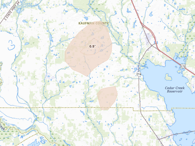Radar-estimated hail-size map of the storm over Kemp, TX on Jun 2, 2026