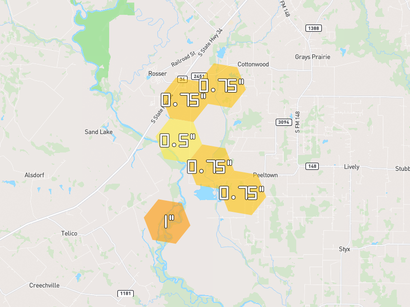 Hail map of Kemp, TX on Jun 7, 2026, hail up to 1"