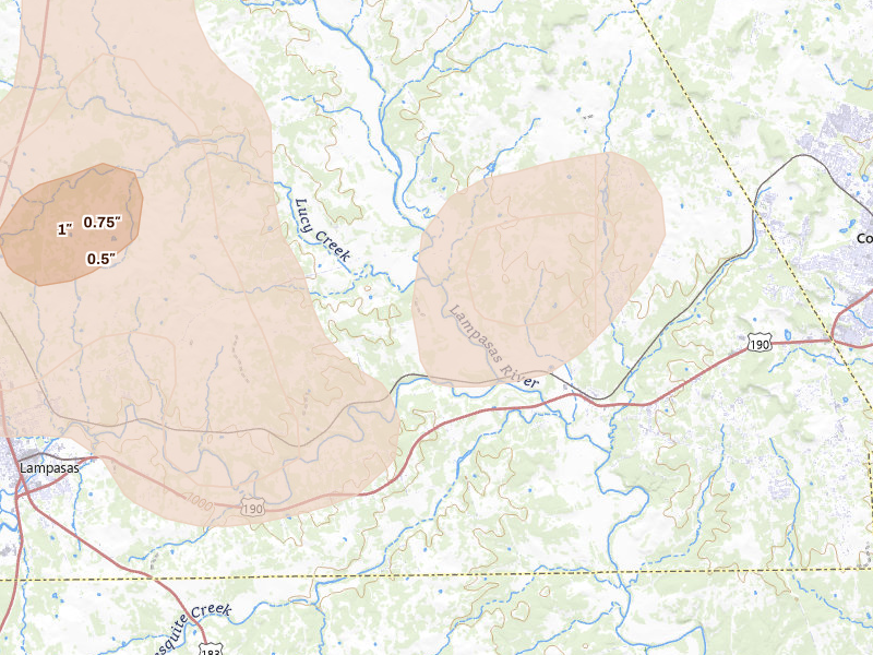 Radar-estimated hail-size map of the storm over Kempner, TX on May 10, 2026