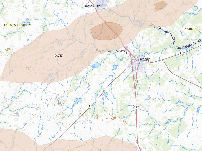 Radar-estimated hail-size map of the storm over Kenedy, TX on Apr 30, 2026